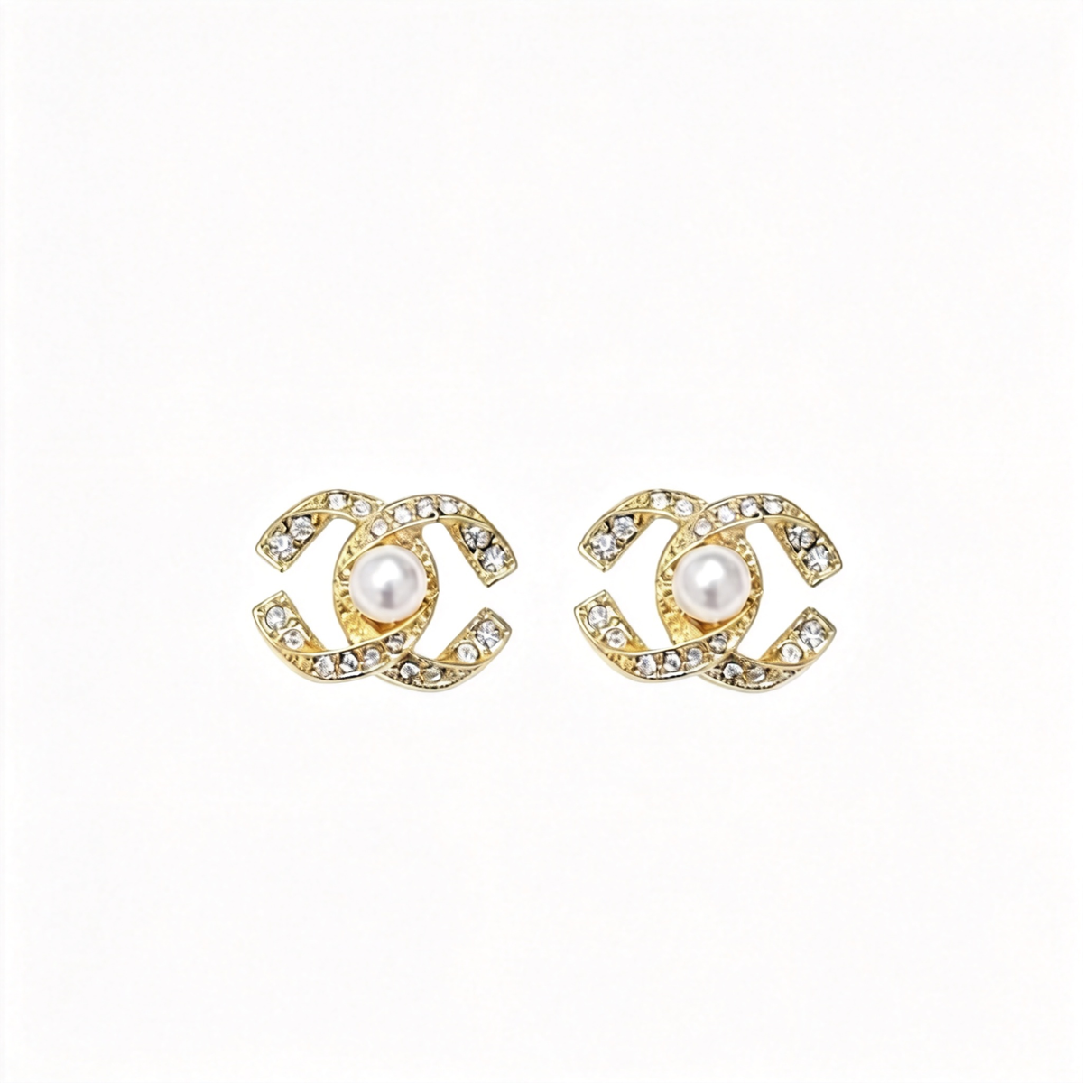 🎀 Pearl Stud Earrings | Gold-Tone Chic Jewelry | Crystal Logo-Inspired Glow