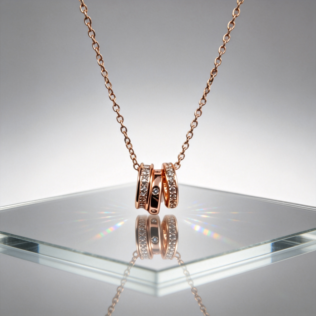 💫 Triple-Ring Necklace | Rose-Gold Everyday Jewelry | Layered Crystal Shine