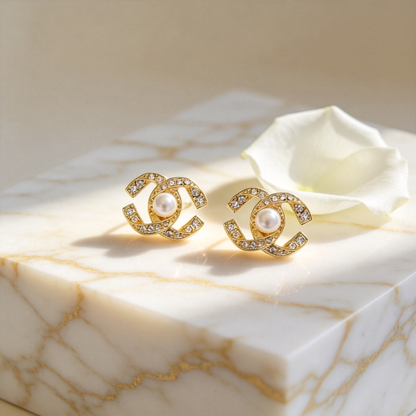 🎀 Pearl Stud Earrings | Gold-Tone Chic Jewelry | Crystal Logo-Inspired Glow