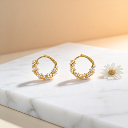 🤍 Pearl Hoop Earrings | Gold-Tone Jewelry | Twisted Mini Elegance