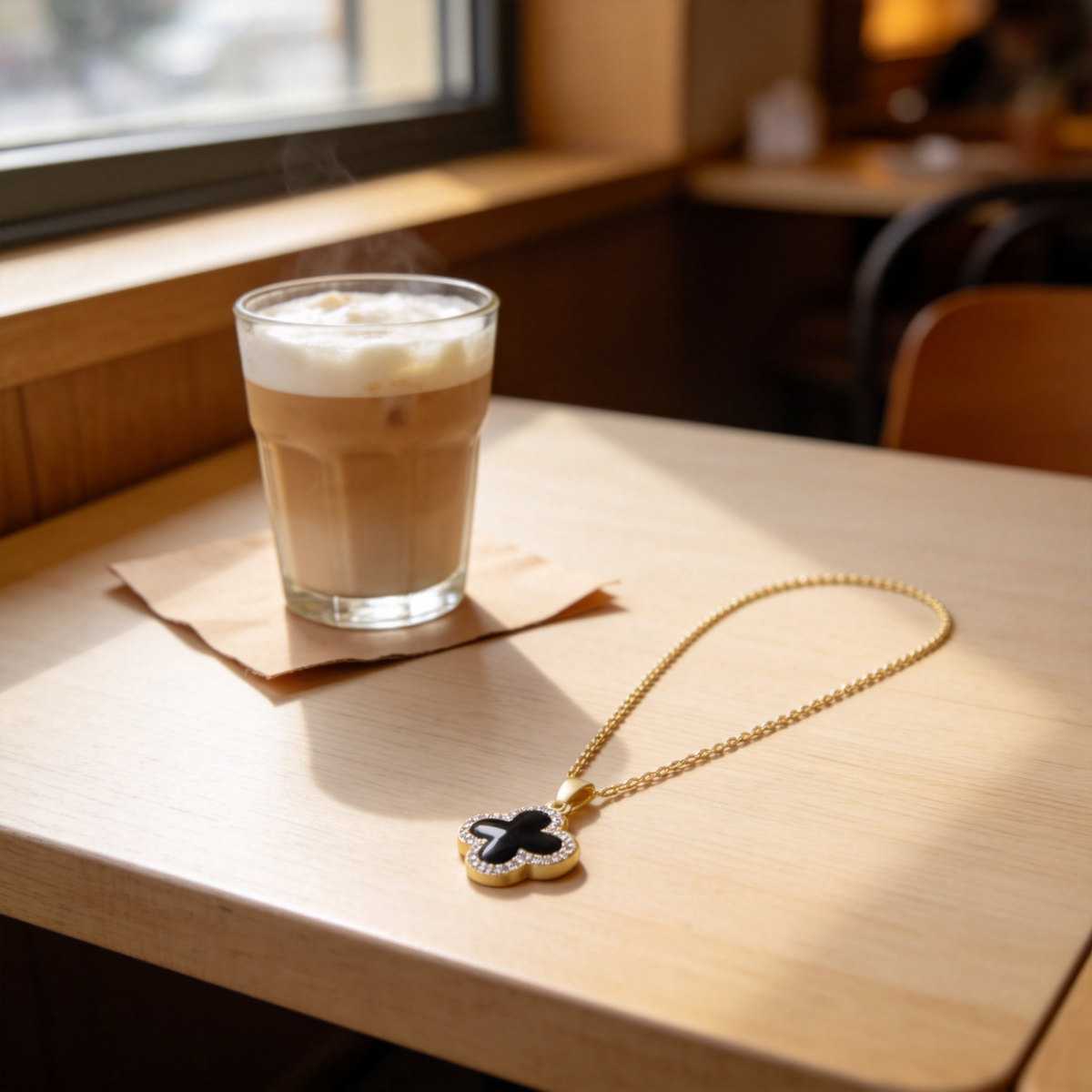 🍀 Clover Necklace | Gold-Tone Everyday Gift | Reversible Black Sparkle