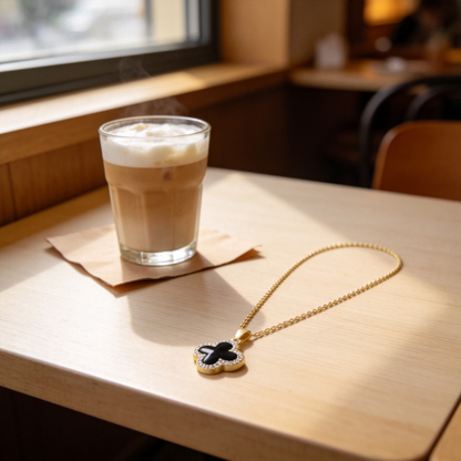 🍀 Clover Necklace | Gold-Tone Everyday Gift | Reversible Black Sparkle