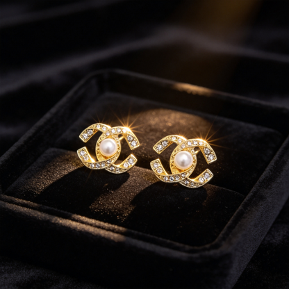 🎀 Pearl Stud Earrings | Gold-Tone Chic Jewelry | Crystal Logo-Inspired Glow