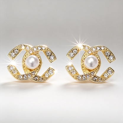 🎀 Pearl Stud Earrings | Gold-Tone Chic Jewelry | Crystal Logo-Inspired Glow