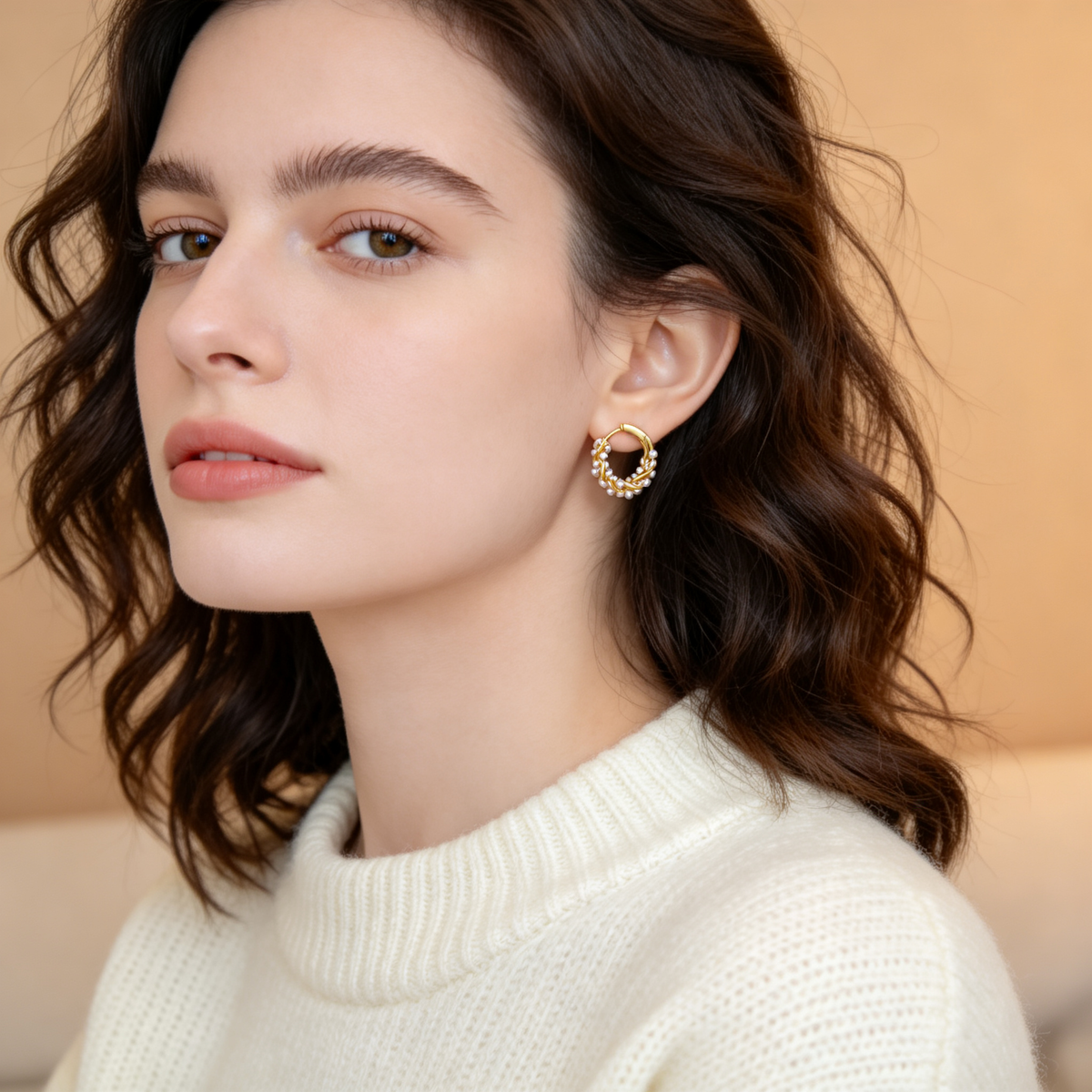 🤍 Pearl Hoop Earrings | Gold-Tone Jewelry | Twisted Mini Elegance