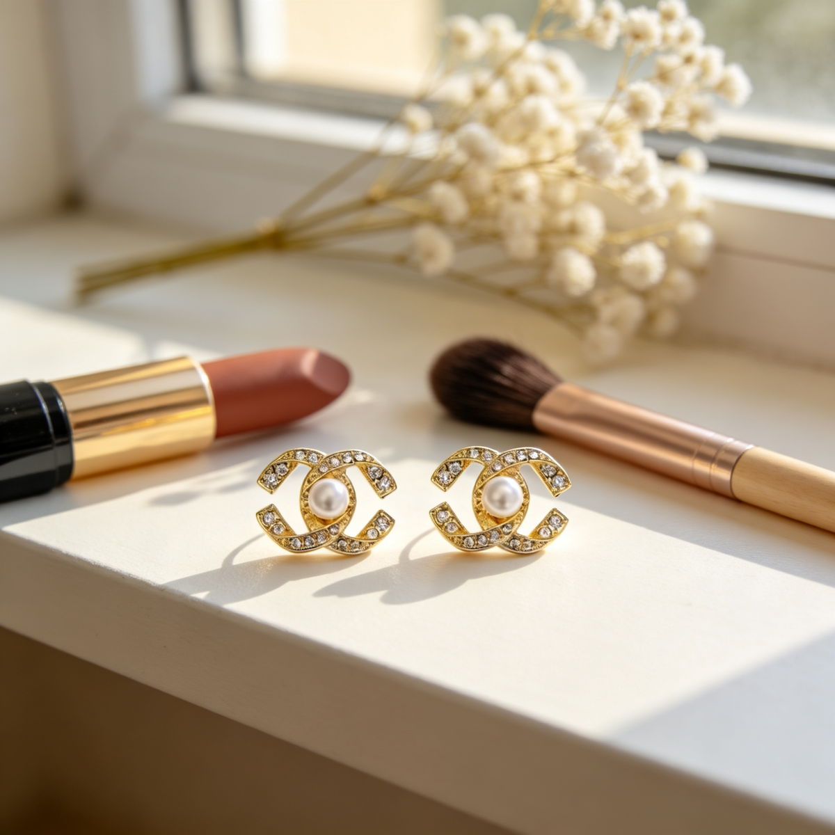 🎀 Pearl Stud Earrings | Gold-Tone Chic Jewelry | Crystal Logo-Inspired Glow