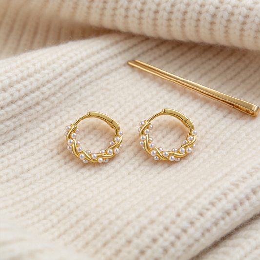 🤍 Pearl Hoop Earrings | Gold-Tone Jewelry | Twisted Mini Elegance