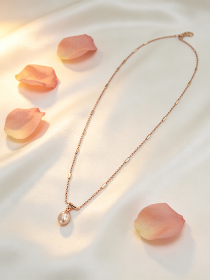 🌷 Pearl Necklace | Freshwater Teardrop Elegance | Delicate Rose-Gold Glow