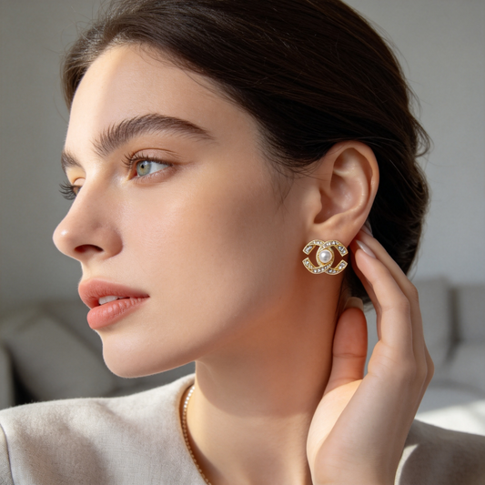 🎀 Pearl Stud Earrings | Gold-Tone Chic Jewelry | Crystal Logo-Inspired Glow