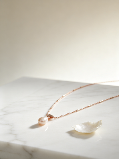 🌷 Pearl Necklace | Freshwater Teardrop Elegance | Delicate Rose-Gold Glow