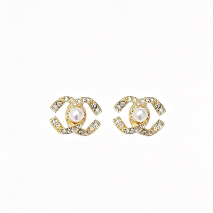 🎀 Pearl Stud Earrings | Gold-Tone Chic Jewelry | Crystal Logo-Inspired Glow