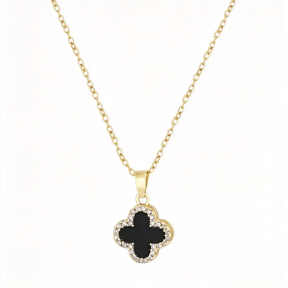 🍀 Clover Necklace | Gold-Tone Everyday Gift | Reversible Black Sparkle