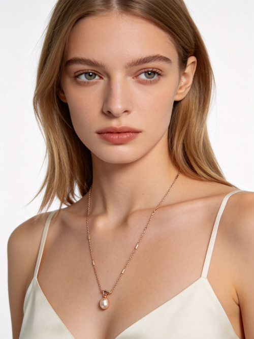 🌷 Pearl Necklace | Freshwater Teardrop Elegance | Delicate Rose-Gold Glow