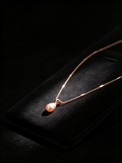 🌷 Pearl Necklace | Freshwater Teardrop Elegance | Delicate Rose-Gold Glow