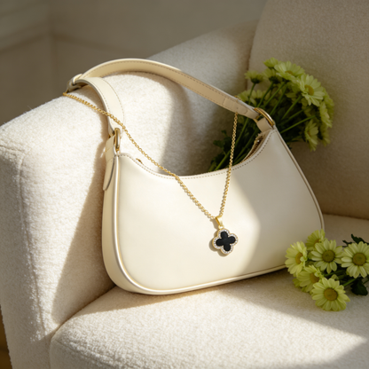 🍀 Clover Necklace | Gold-Tone Everyday Gift | Reversible Black Sparkle