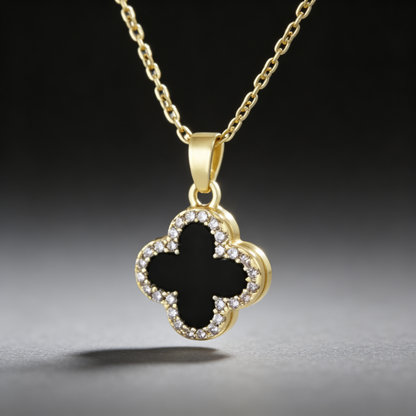 🍀 Clover Necklace | Gold-Tone Everyday Gift | Reversible Black Sparkle