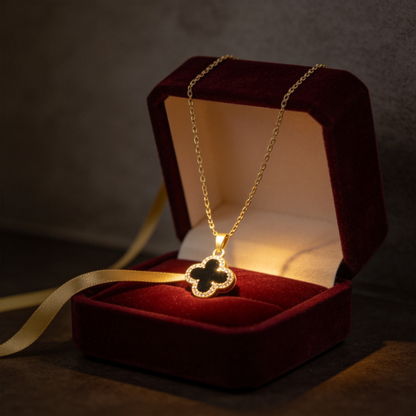 🍀 Clover Necklace | Gold-Tone Everyday Gift | Reversible Black Sparkle
